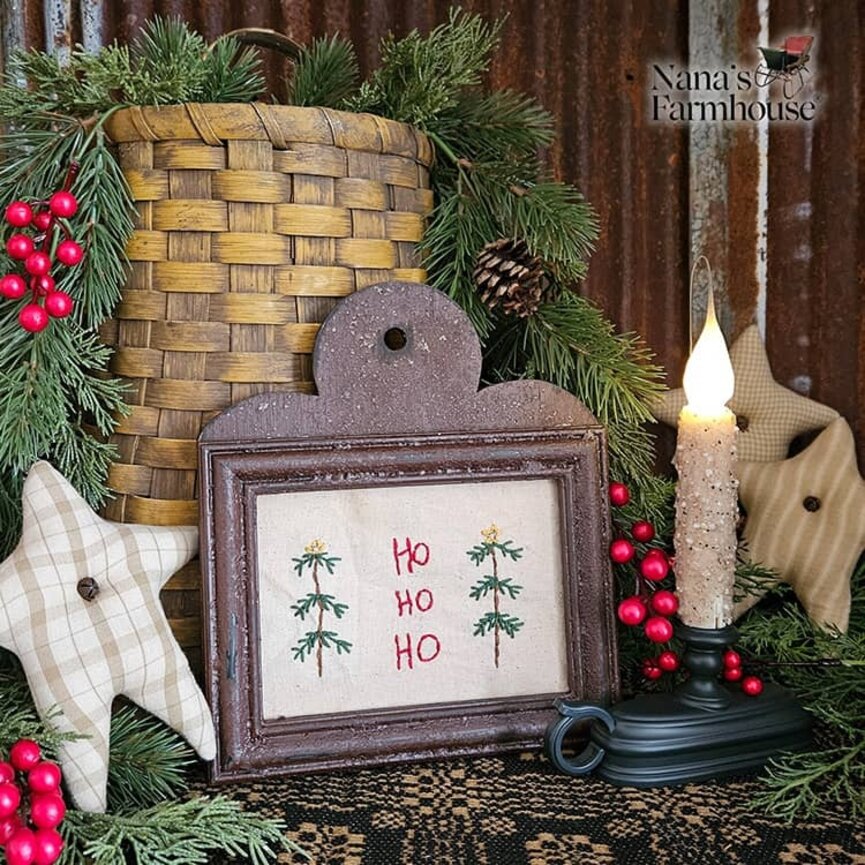 Distressed Frame Needle Punch Ho Ho Ho with Trees - 10" x 8.75"