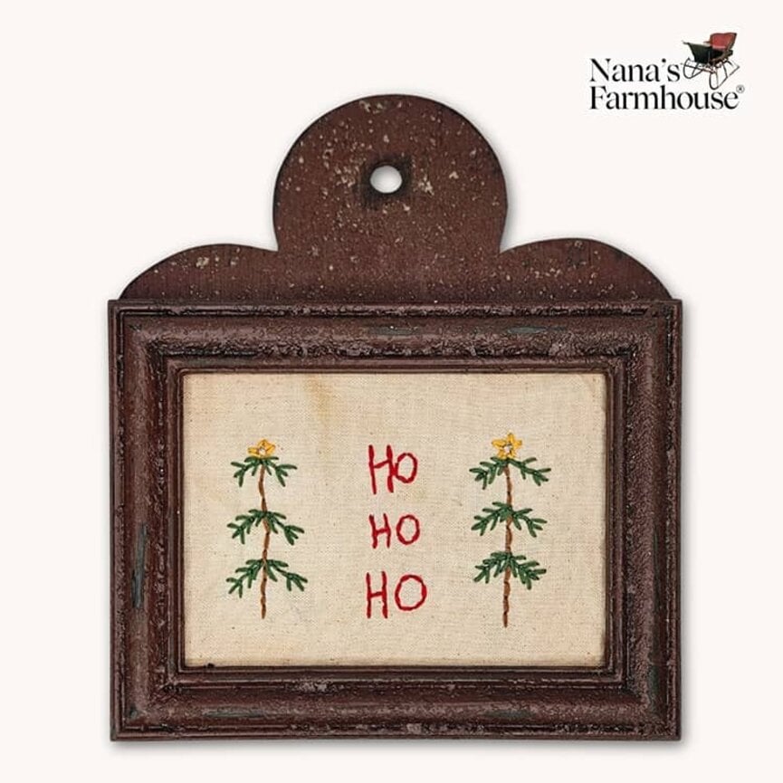 Distressed Frame Needle Punch Ho Ho Ho with Trees - 10" x 8.75"