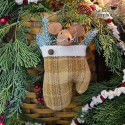 Mouse In Mitten with Candy Cane & Wire Hanger Ornament Mustard Plaid - 8"