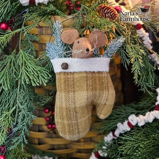 Mouse In Mitten withCandy Cane & Wire Hanger Ornament Mustard Plaid