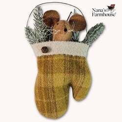 Mouse In Mitten with Candy Cane & Wire Hanger Ornament Mustard Plaid - 8"