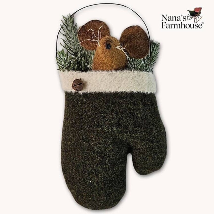 Mouse In Mitten with Candy Cane & Wire Hanger Ornament Green - 8"