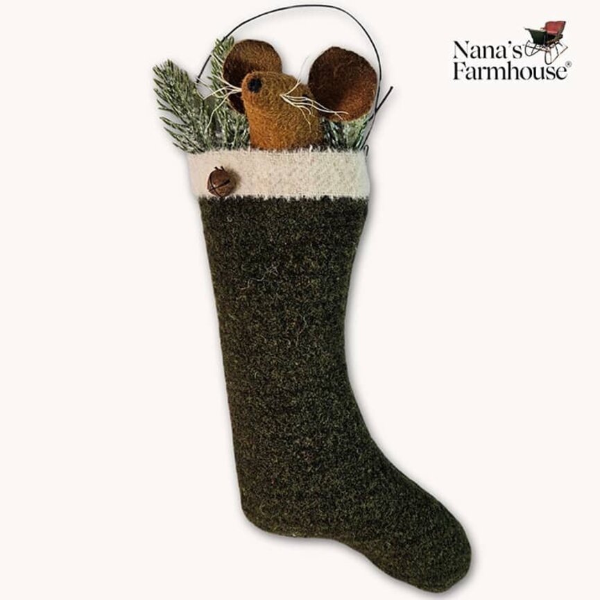 Mouse In Stocking with Candy Cane & Wire Hanger Ornament Green - 10"