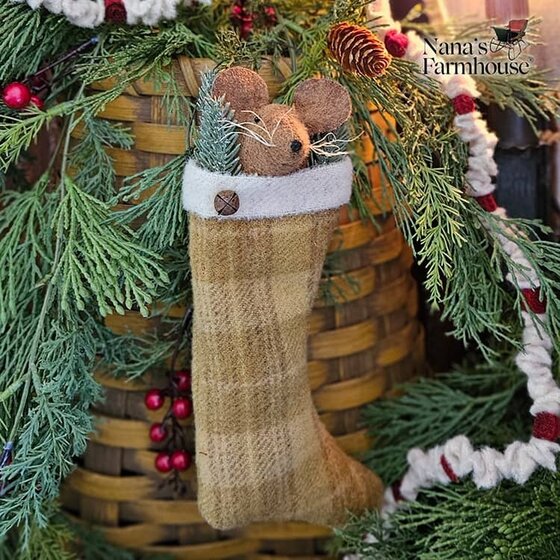 Christmas Ornament Mouse In Stocking Mustard Plaid