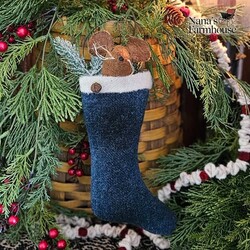 Mouse In Stocking with Candy Cane & Wire Hanger Ornament Blue Plaid - 10"