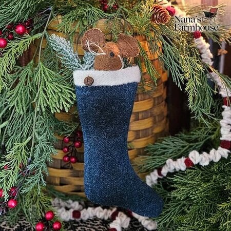 Mouse In Stocking Ornament Blue Plaid
