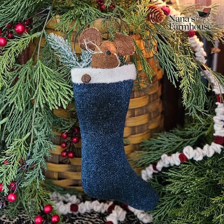 Mouse In Stocking with Candy Cane & Wire Hanger Ornament Blue Plaid - 10"