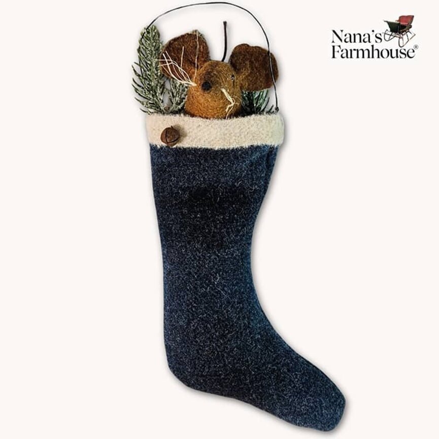 Mouse In Stocking with Candy Cane & Wire Hanger Ornament Blue Plaid - 10"