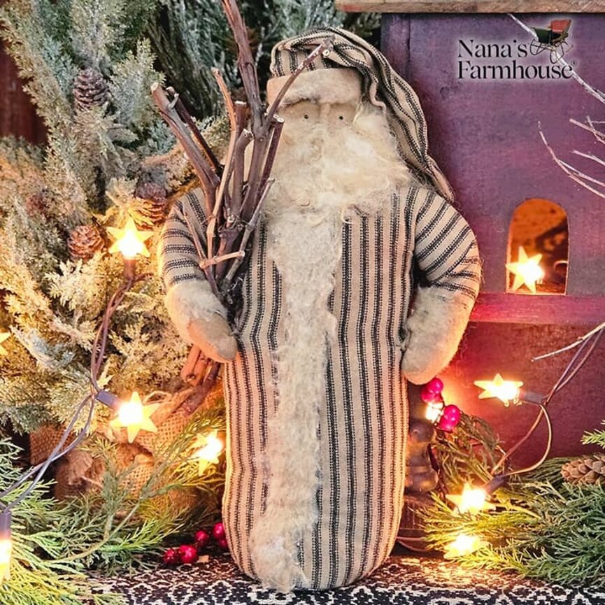 Santa Doll in Sticks Black Ticking Weighted Base - 14.5"