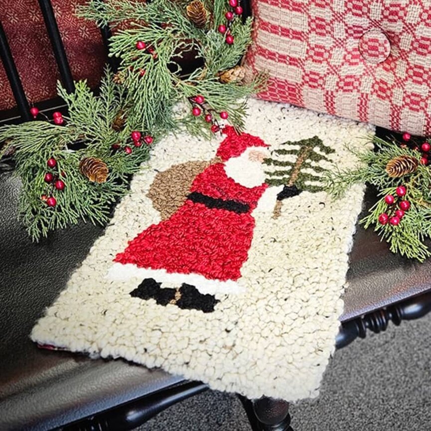 Hooked Rug Santa with Bag & Christmas Tree - 10.5" x 16.5"