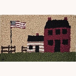 Hooked Rug House Cabins with Flag - 19" x 12"