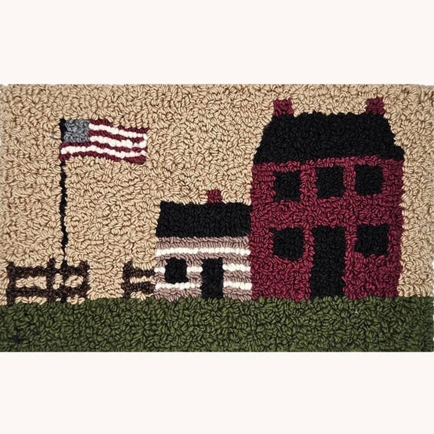 Hooked Rug House Cabins with Flag - 19" x 12"