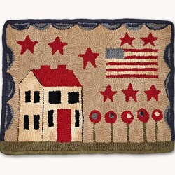 Needle Punched Rug Cabin with Flag & Stars - 14.5" x 11.5"