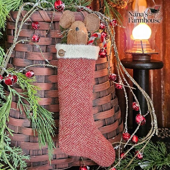 Mouse In Stocking with Candy Cane & Wire Ornament Red Herringbone
