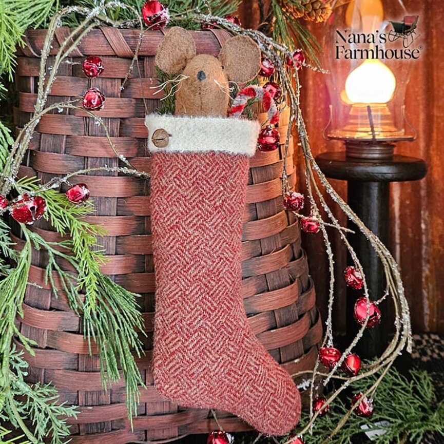 Mouse In Stocking with Candy Cane & Wire Hanger Ornament Red Herringbone - 10"