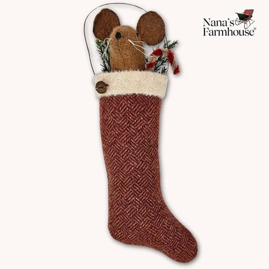 Mouse In Stocking with Candy Cane & Wire Hanger Ornament Red Herringbone - 10"