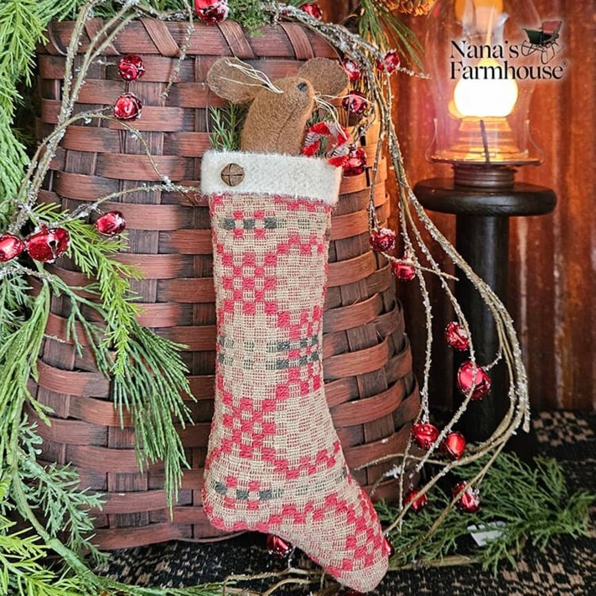 Mouse In Stocking with Candy Cane & Wire Hanger Ornament Red Green Coverlet - 10"