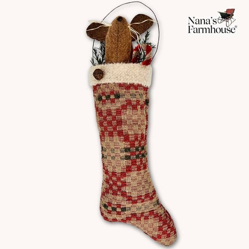 Mouse In Stocking with Candy Cane & Wire Hanger Ornament Red Green Coverlet - 10"