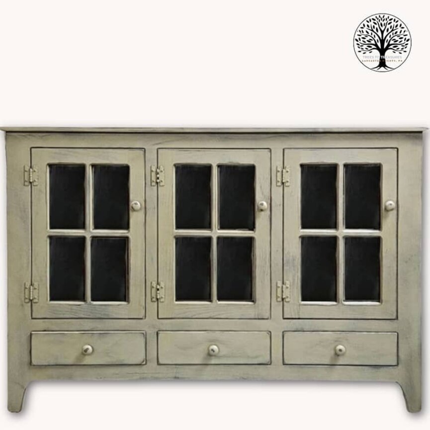 Curio Triple Glass with Drawers in Sage Pewter - 52 W x 36 T x 12.5 D