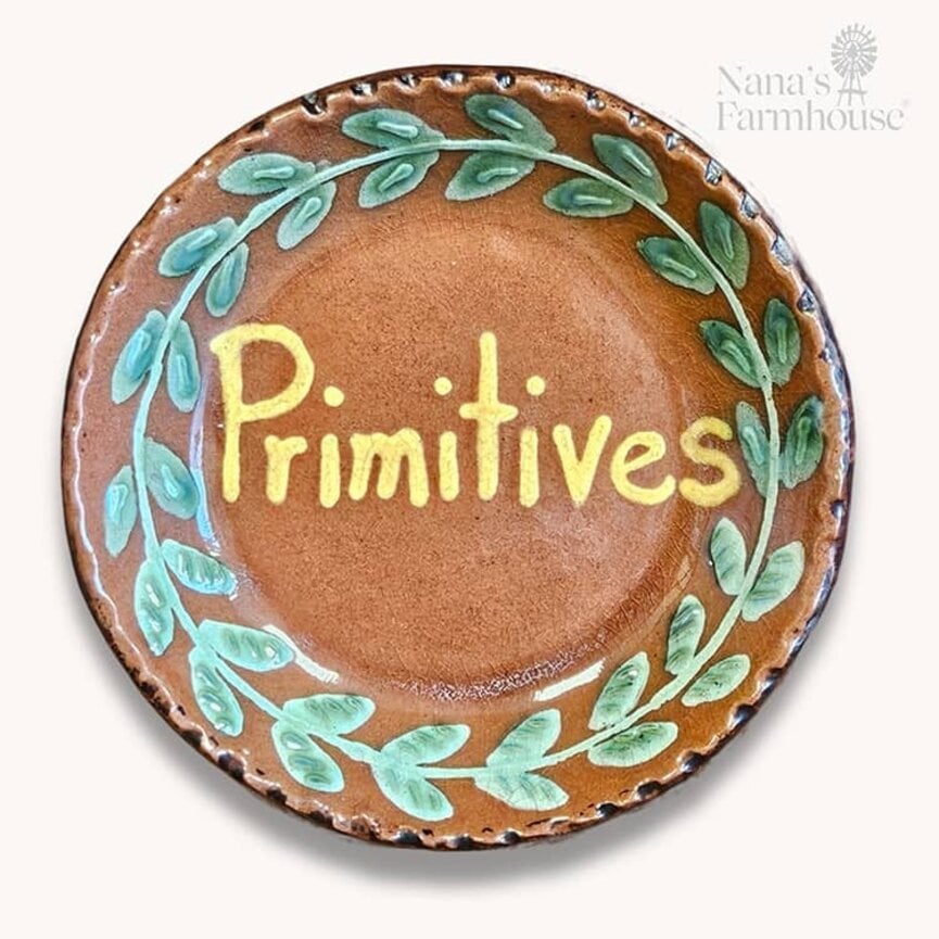 Smith Redware Primitives Round Plate with Green Vine Border  - 5"