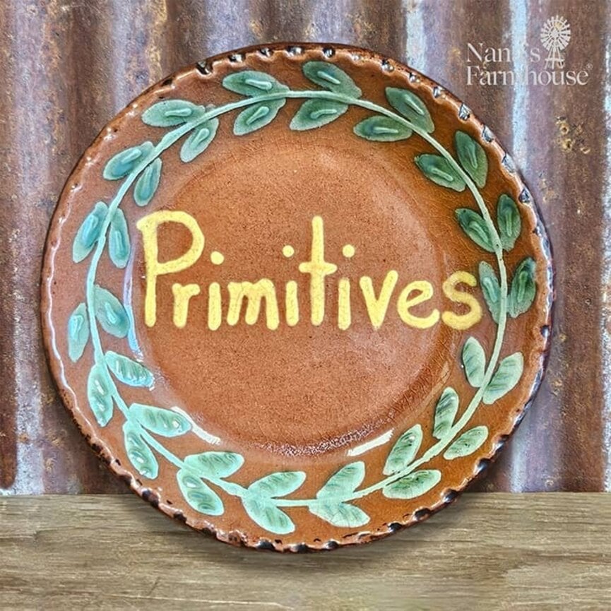 Smith Redware Primitives Round Plate with Green Vine Border  - 5"