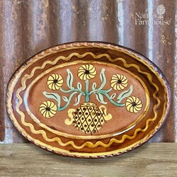 Smith Redware Vase with Flowers & Vines Oval Plate  - 6.75"