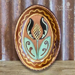 Smith Redware Flower with Green Leaves & Yellow Flower Oval Plate - 6.5"