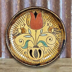 Smith Redware Vase with Flower & Birds Plate - 8"