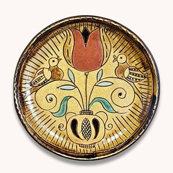 Smith Redware Vase with Flower & Birds Plate - 8"