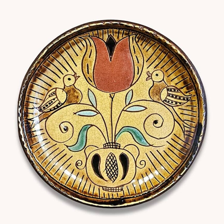 Smith Redware Vase with Flower & Birds Plate - 8"