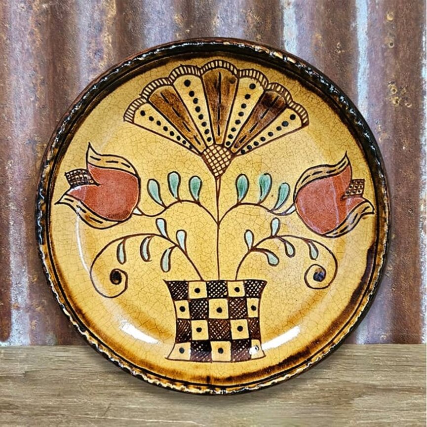 Smith Redware Vase with Flowers Plate - 8"