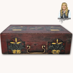 Kathy Graybill Hand Painted Antique Red Box with Working Key - 5.5" x 14.25" x 8.75"