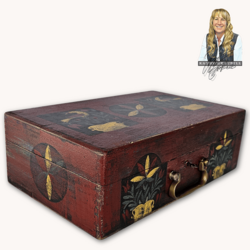 Kathy Graybill Hand Painted Antique Red Box with Working Key - 5.5" x 14.25" x 8.75"