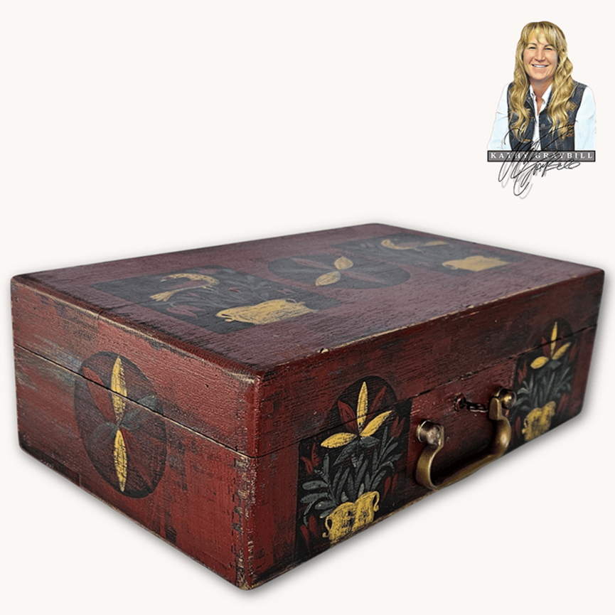Kathy Graybill Hand Painted Antique Red Box with Working Key - 5.5" x 14.25" x 8.75"