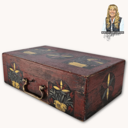Kathy Graybill Hand Painted Antique Red Box with Working Key - 5.5" x 14.25" x 8.75"