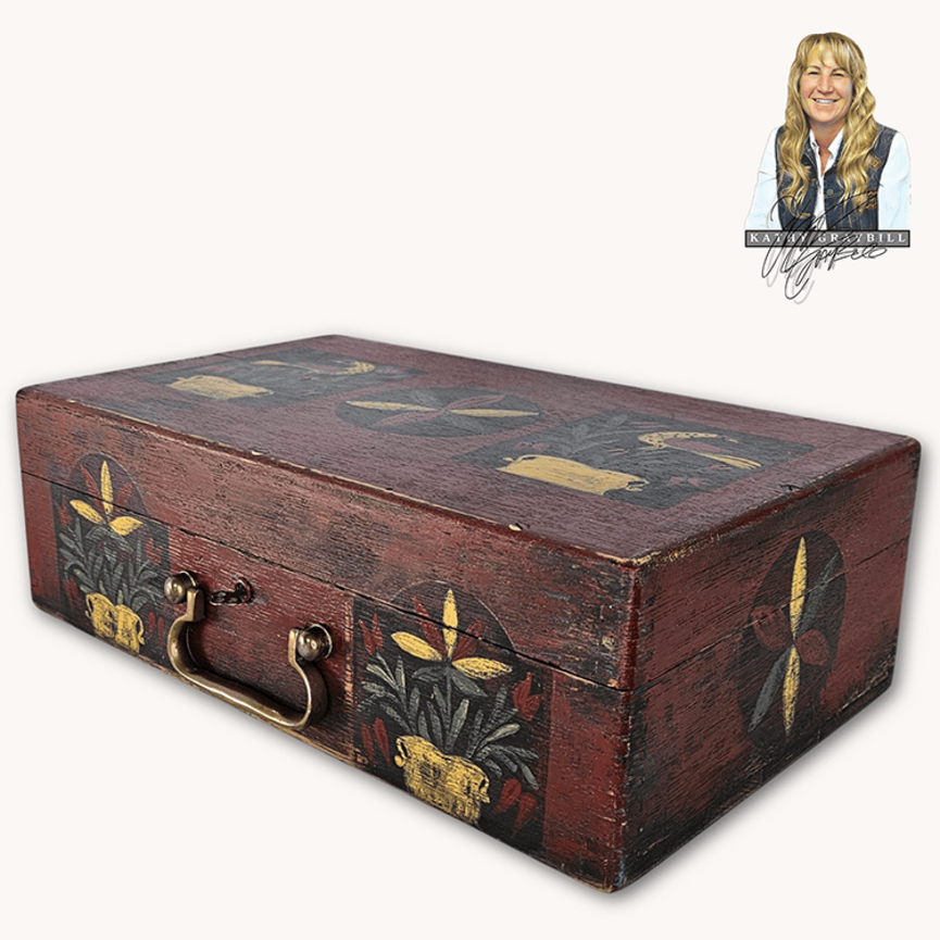 Kathy Graybill Hand Painted Antique Red Box with Working Key - 5.5" x 14.25" x 8.75"