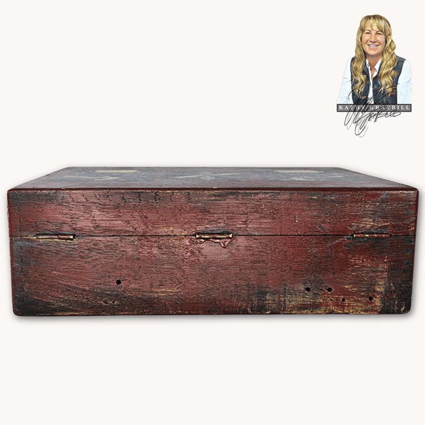 Kathy Graybill Hand Painted Antique Red Box with Working Key - 5.5" x 14.25" x 8.75"