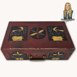 Kathy Graybill Hand Painted Antique Red Box with Working Key - 5.5" x 14.25" x 8.75"