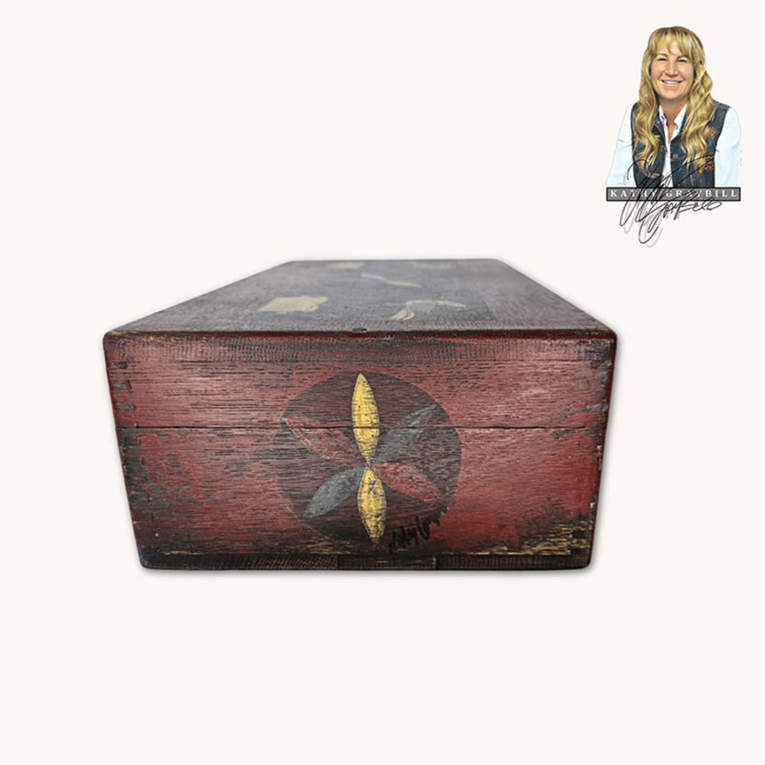Kathy Graybill Hand Painted Antique Red Box with Working Key - 5.5" x 14.25" x 8.75"