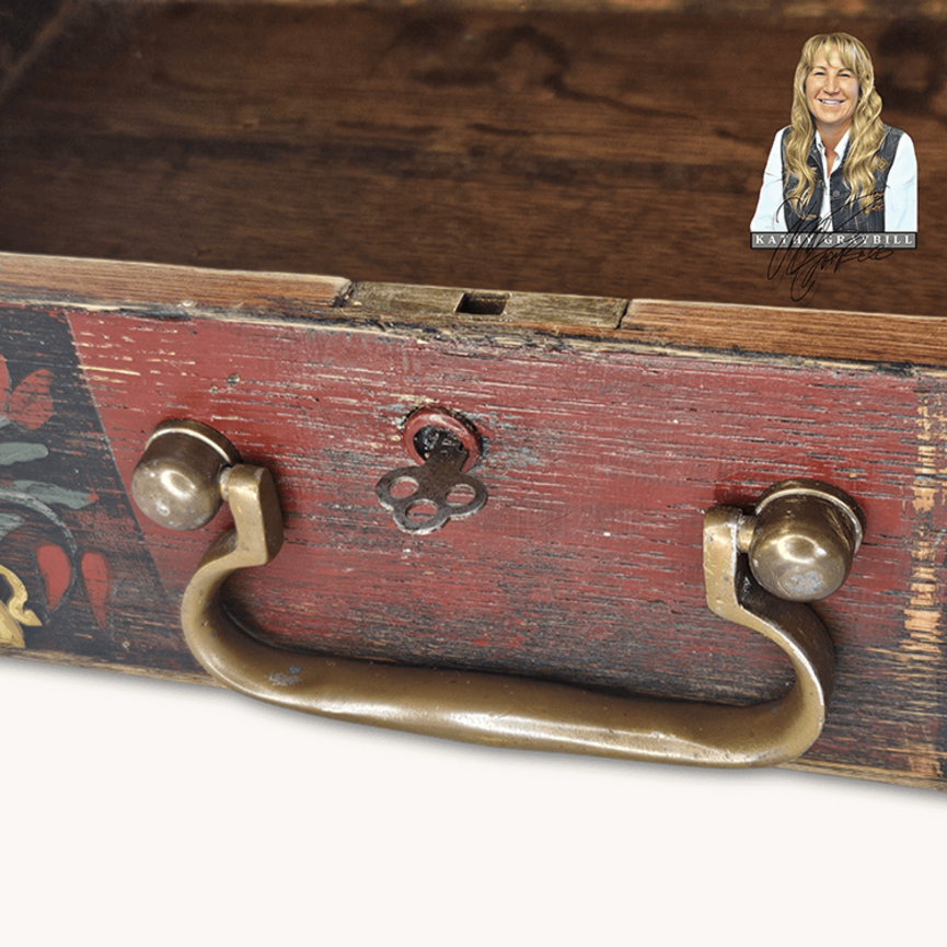 Kathy Graybill Hand Painted Antique Red Box with Working Key - 5.5" x 14.25" x 8.75"