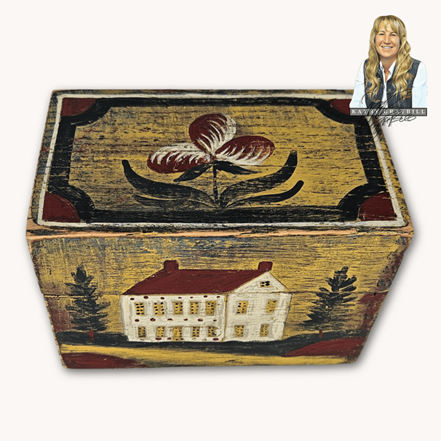Kathy Graybill Hand Painted Antique Mustard Box House with Trees - 4.25" T x  5.5" W x 3.25" D