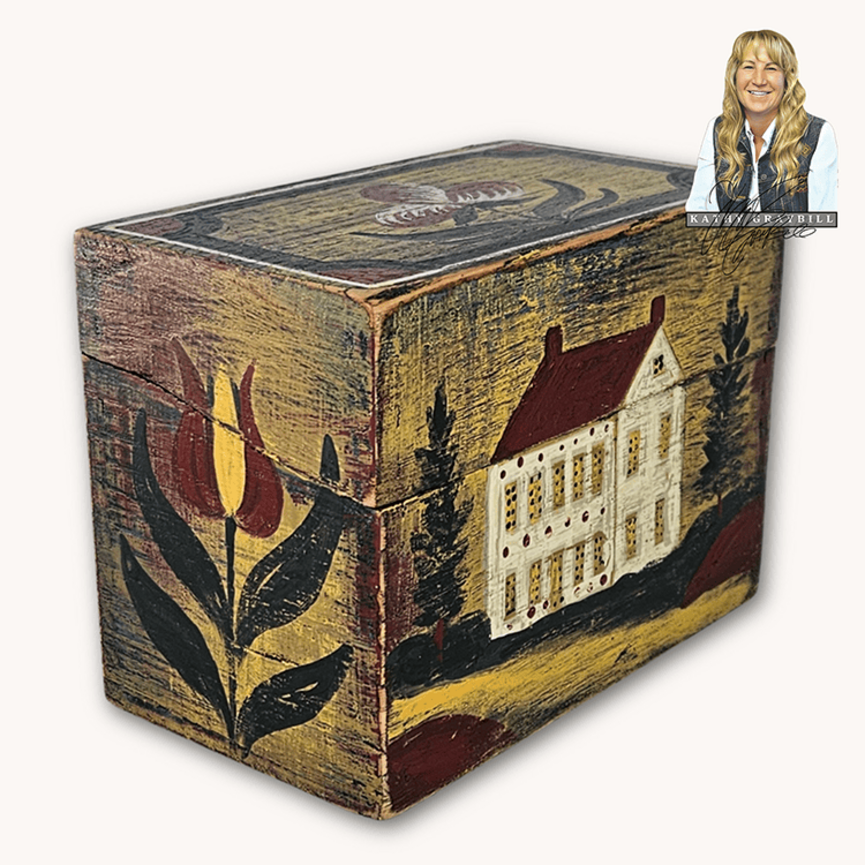 Kathy Graybill Hand Painted Antique Mustard Box House with Trees - 4.25" T x  5.5" W x 3.25" D
