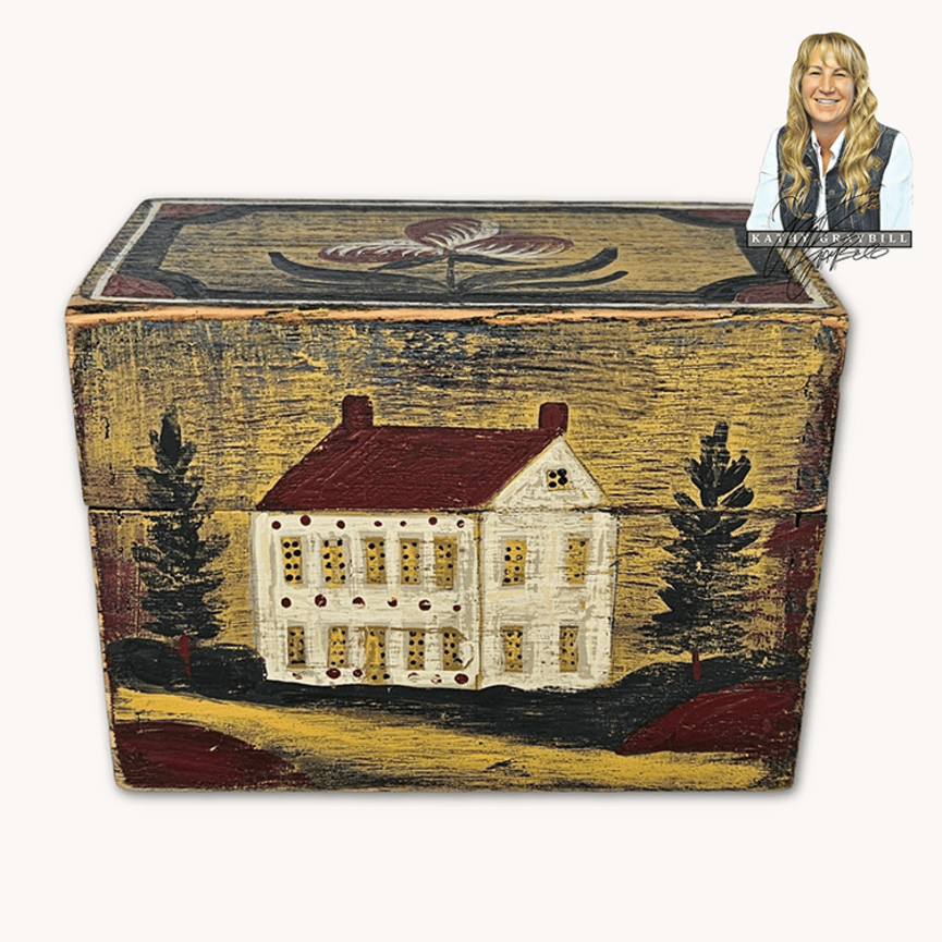 Kathy Graybill Hand Painted Antique Mustard Box House with Trees - 4.25" T x  5.5" W x 3.25" D