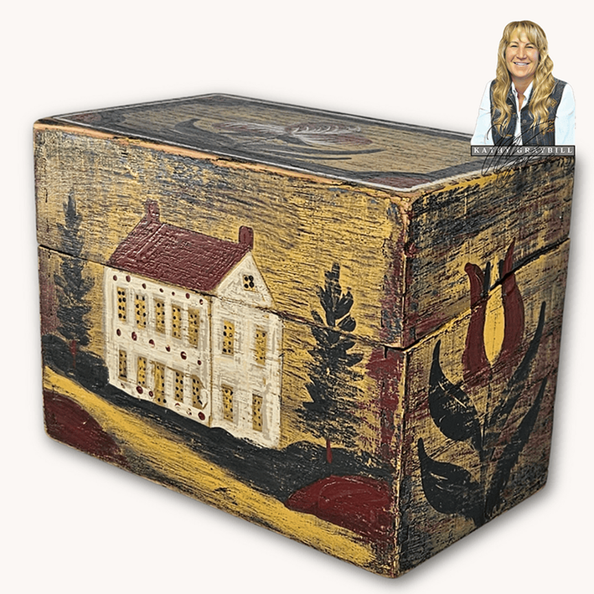 Kathy Graybill Hand Painted Antique Mustard Box House with Trees - 4.25" T x  5.5" W x 3.25" D