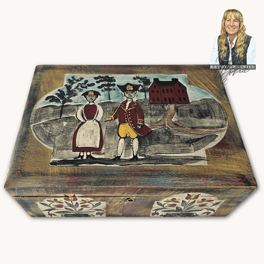 Kathy Graybill Hand Painted Antique Box with Colonial Couple & Red Salt Box House  - 4.5" x  11.5" x  8.25"