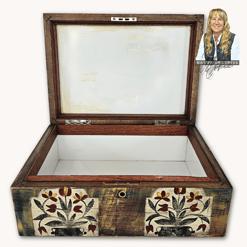 Kathy Graybill Hand Painted Antique Box with Colonial Couple & Red Salt Box House  - 4.5" x  11.5" x  8.25"