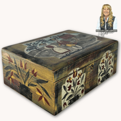 Kathy Graybill Hand Painted Antique Box with Colonial Couple & Red Salt Box House  - 4.5" x  11.5" x  8.25"