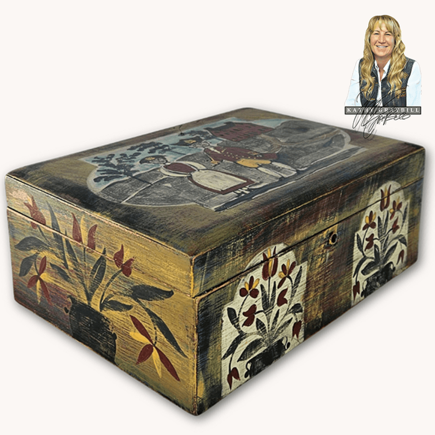 Kathy Graybill Hand Painted Antique Box with Colonial Couple & Red Salt Box House  - 4.5" x  11.5" x  8.25"