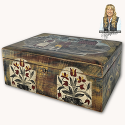 Kathy Graybill Hand Painted Antique Box with Colonial Couple & Red Salt Box House  - 4.5" x  11.5" x  8.25"