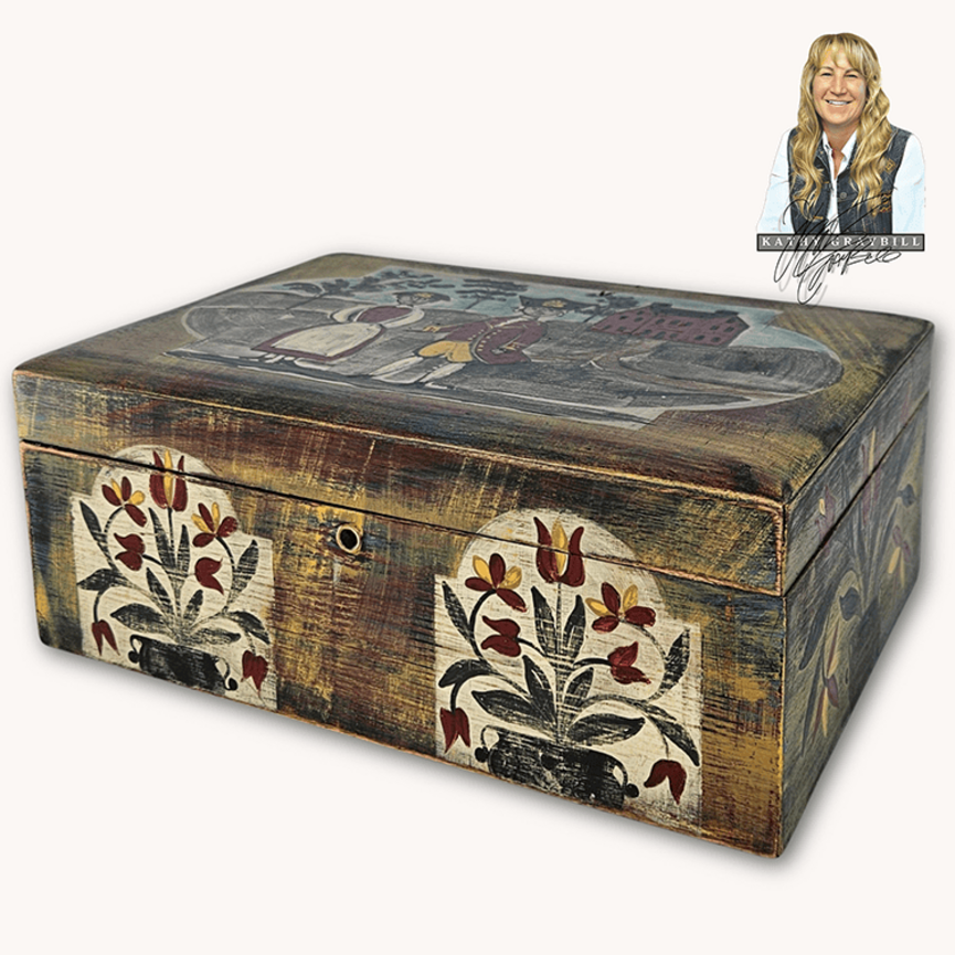 Kathy Graybill Hand Painted Antique Box with Colonial Couple & Red Salt Box House  - 4.5" x  11.5" x  8.25"